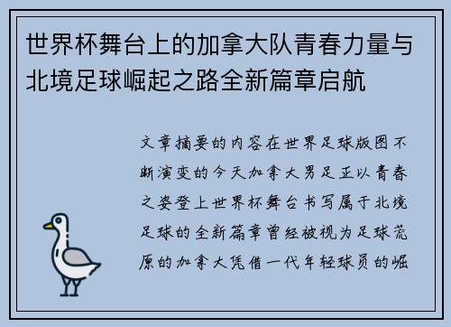 世界杯舞台上的加拿大队青春力量与北境足球崛起之路全新篇章启航